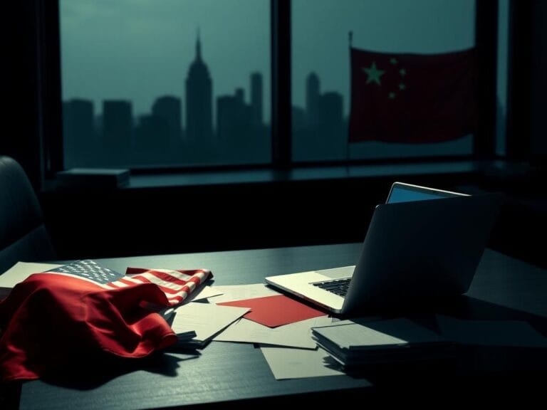 Flick International A dimly lit office scene depicting an empty desk scattered with documents and American and Chinese national flags.
