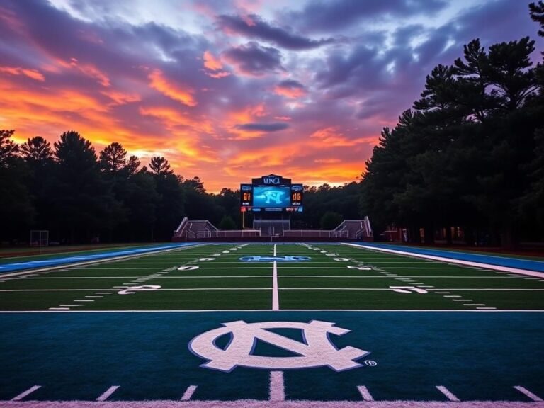 Flick International Dusk football field showcasing the vibrant blue and white colors of the North Carolina Tar Heels