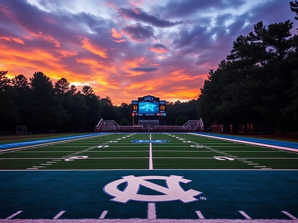 Flick International Dusk football field showcasing the vibrant blue and white colors of the North Carolina Tar Heels