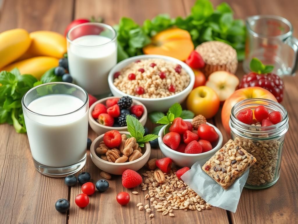 Flick International A colorful arrangement of healthy foods including quinoa, almond milk, fresh fruits, and nuts on a wooden table