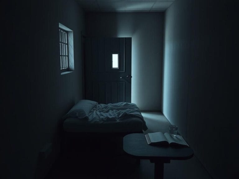 Flick International Dimly lit high-security prison cell with solitary bed and minimal furnishings