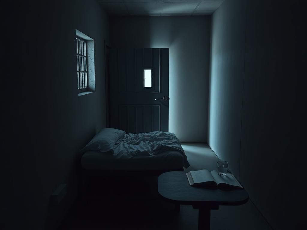 Flick International Dimly lit high-security prison cell with solitary bed and minimal furnishings