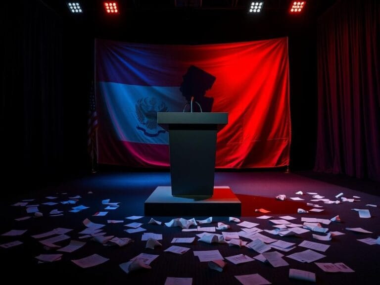 Flick International A dramatic scene of a darkened debate stage with a spotlight and contrasting red and blue colors