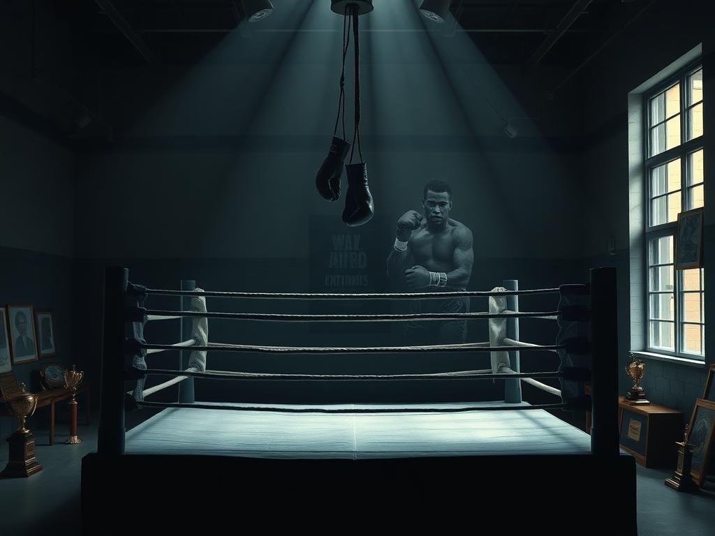 Flick International Empty boxing ring in a dimly lit gym, symbolizing legacy and loss after the death of Arturo Gatti's son.
