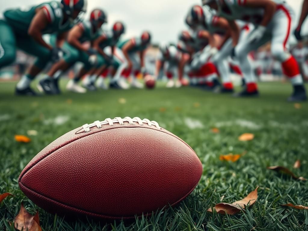 Flick International Scene of a quarterback-center duo on the football field with a worn football on green turf