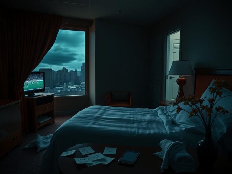 Flick International Dimly lit hotel room with a broken curtain and moody skyline