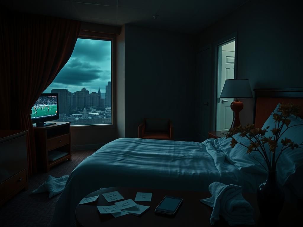 Flick International Dimly lit hotel room with a broken curtain and moody skyline