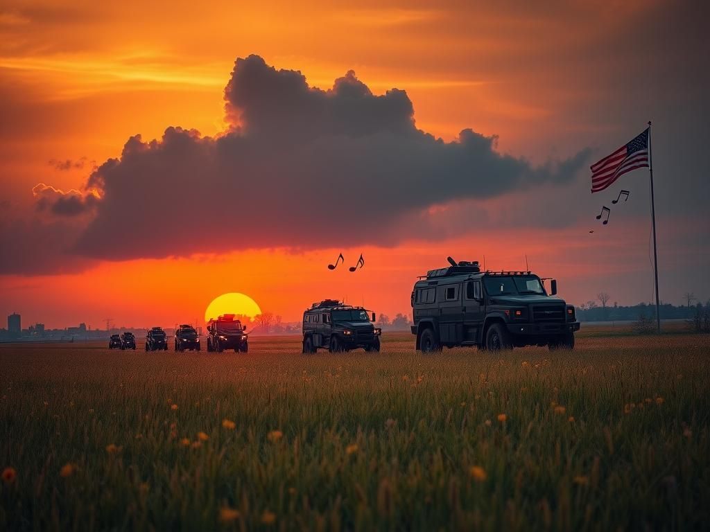 Flick International Contrast between a serene rural sunset and an armored law enforcement convoy