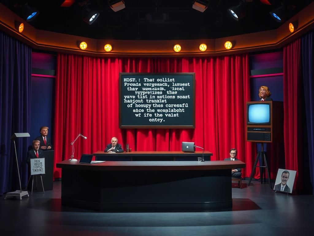 Flick International Dimly lit late-night television studio set with an empty desk and red curtain backdrop