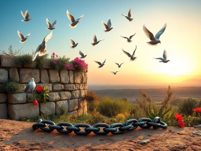 Flick International A serene landscape filled with doves symbolizing peace and broken chains representing freedom.