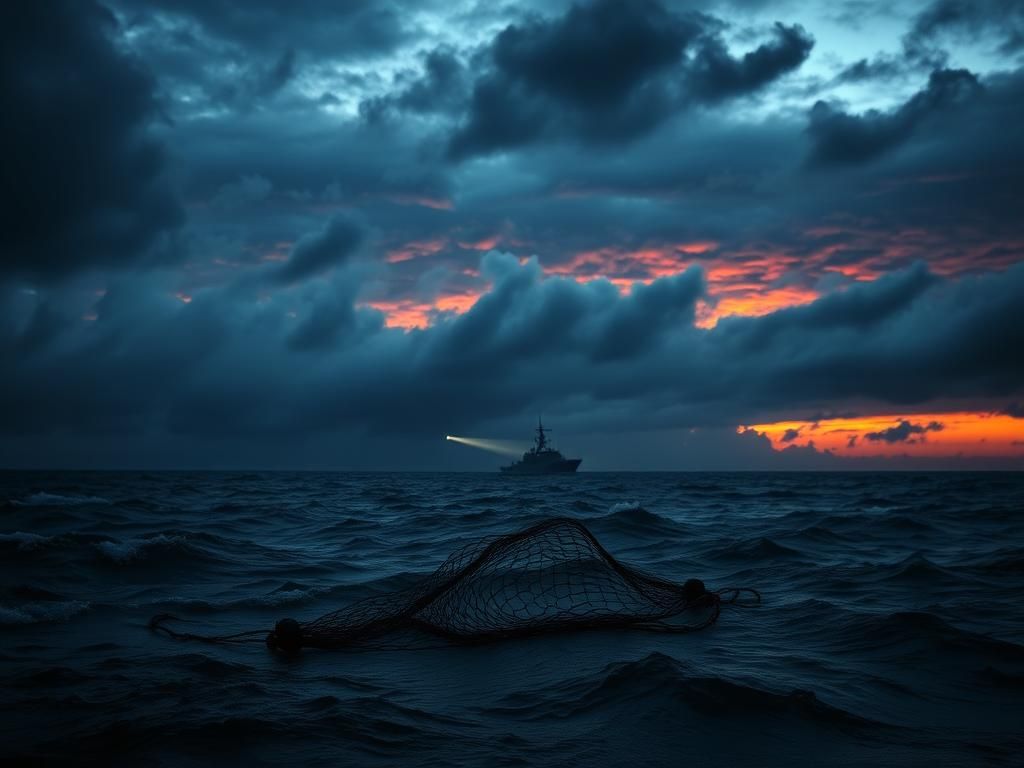 Flick International Broken fishing net floating on tumultuous ocean under dark stormy sky, symbolizing drug trade