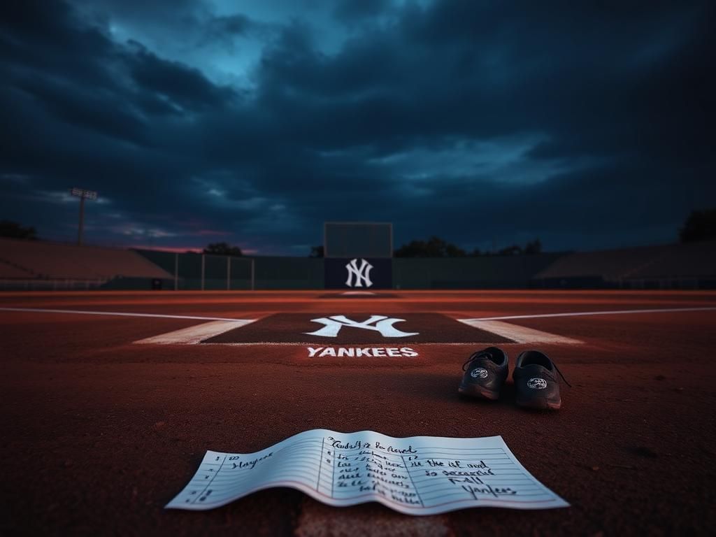 Flick International Empty baseball field at dusk showcasing the New York Yankees' logo on the pitcher's mound