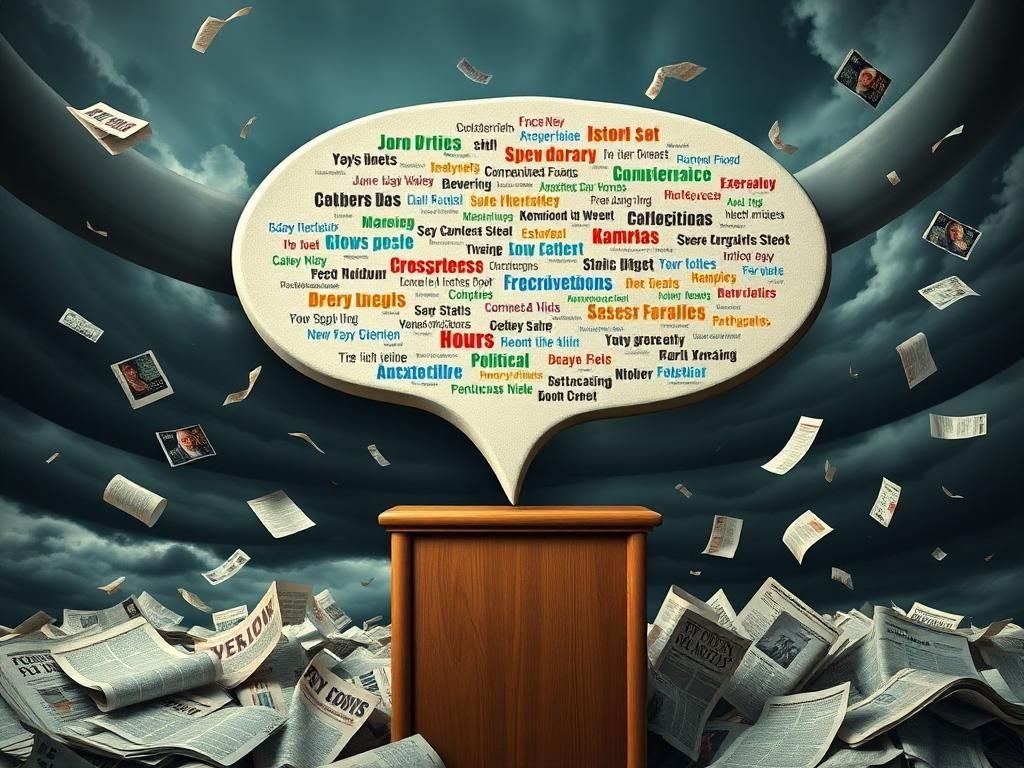 Flick International Surreal depiction of a chaotic political landscape with oversized laughing lips and colorful speech bubbles.