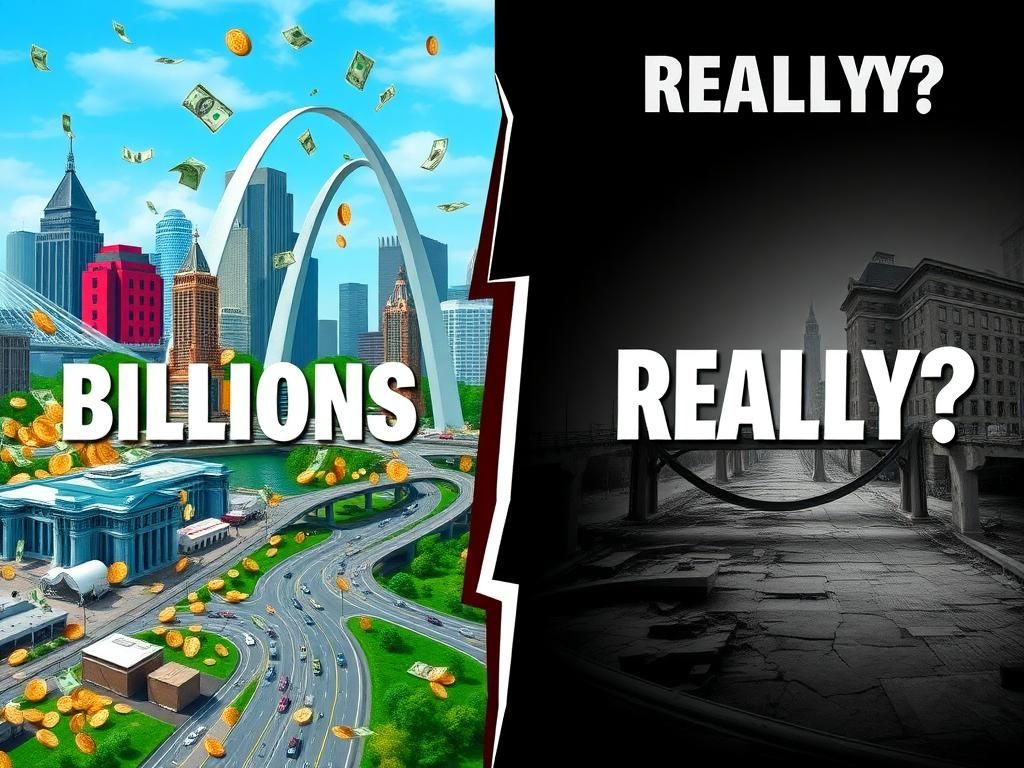 Flick International A split scene contrasting the funding landscape in St. Louis, with symbols of prosperity and crumbling infrastructure.