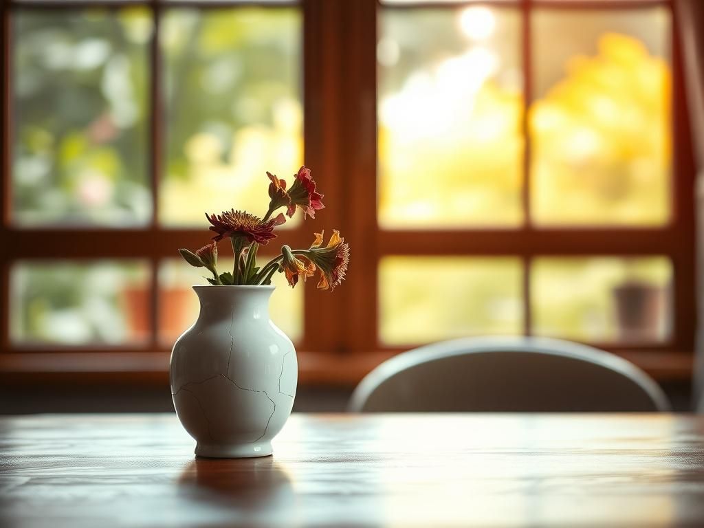 Flick International Close-up of a cracked porcelain vase with wilted flowers, symbolizing fragility.