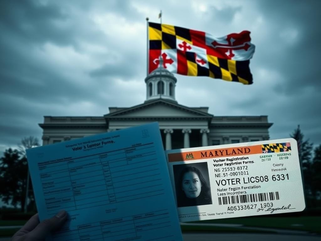 Flick International Conceptual scene of a Maryland government building illustrating themes of immigration and voter registration
