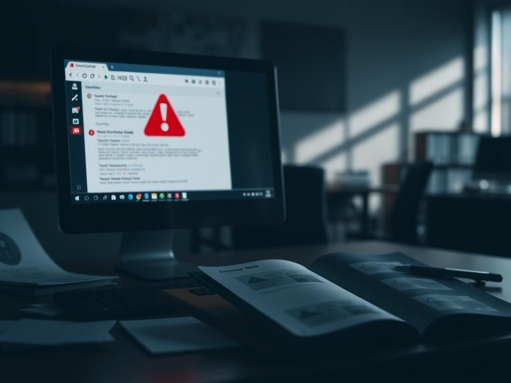 Flick International Digital workspace with a red warning symbol on a computer screen surrounded by suspicious emails.