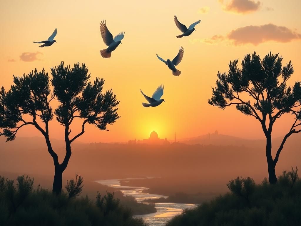 Flick International A serene sunrise landscape over a peaceful Middle Eastern scene with doves and olive trees