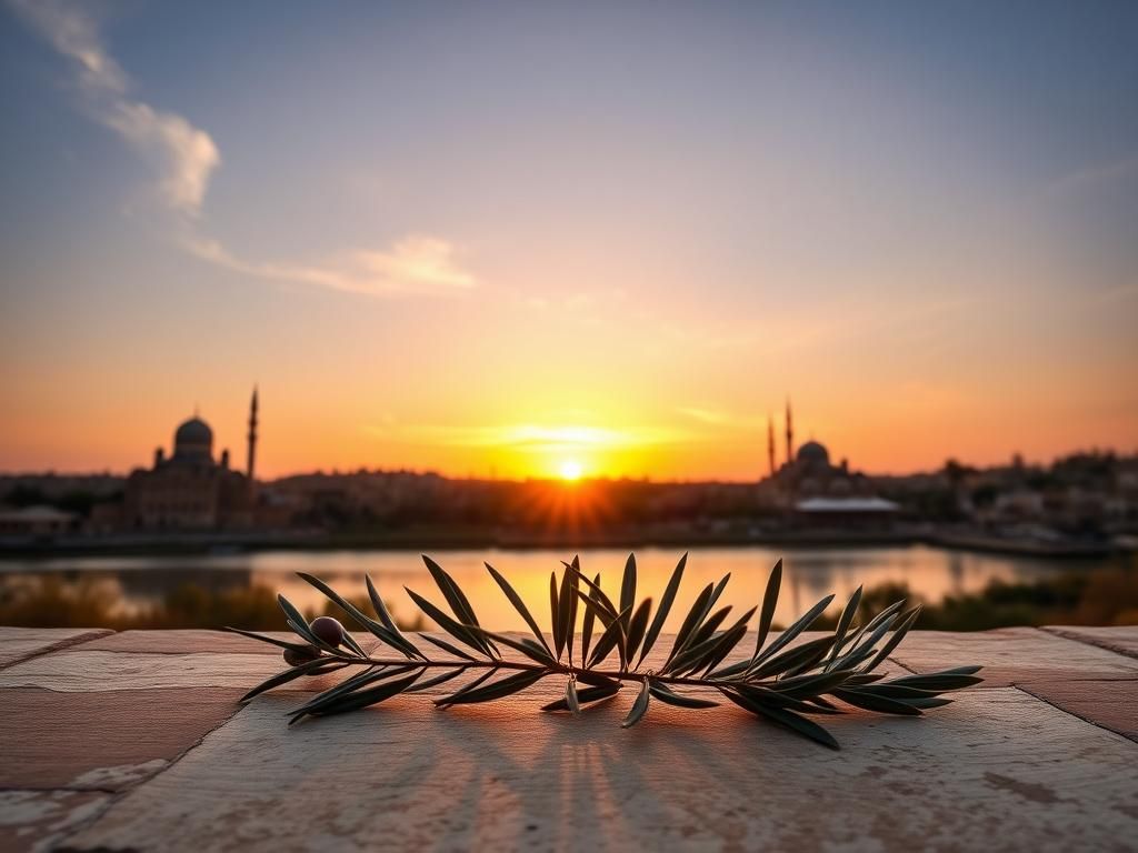 Flick International Panoramic view of a peaceful Middle Eastern landscape at sunset with an olive branch on a stone table