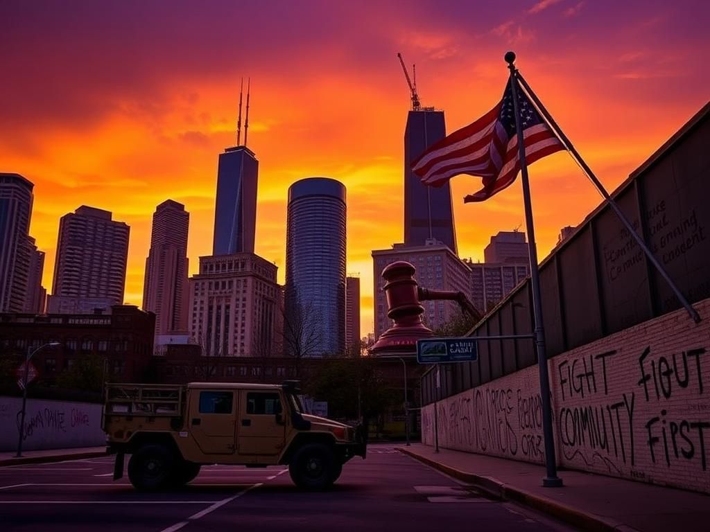 Flick International Urban landscape of Chicago skyline with the Willis Tower at sunset and a National Guard vehicle in the foreground