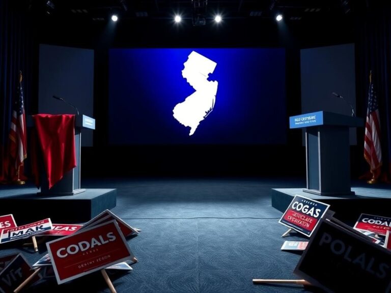 Flick International Empty debate stage in New Jersey with red and blue podiums