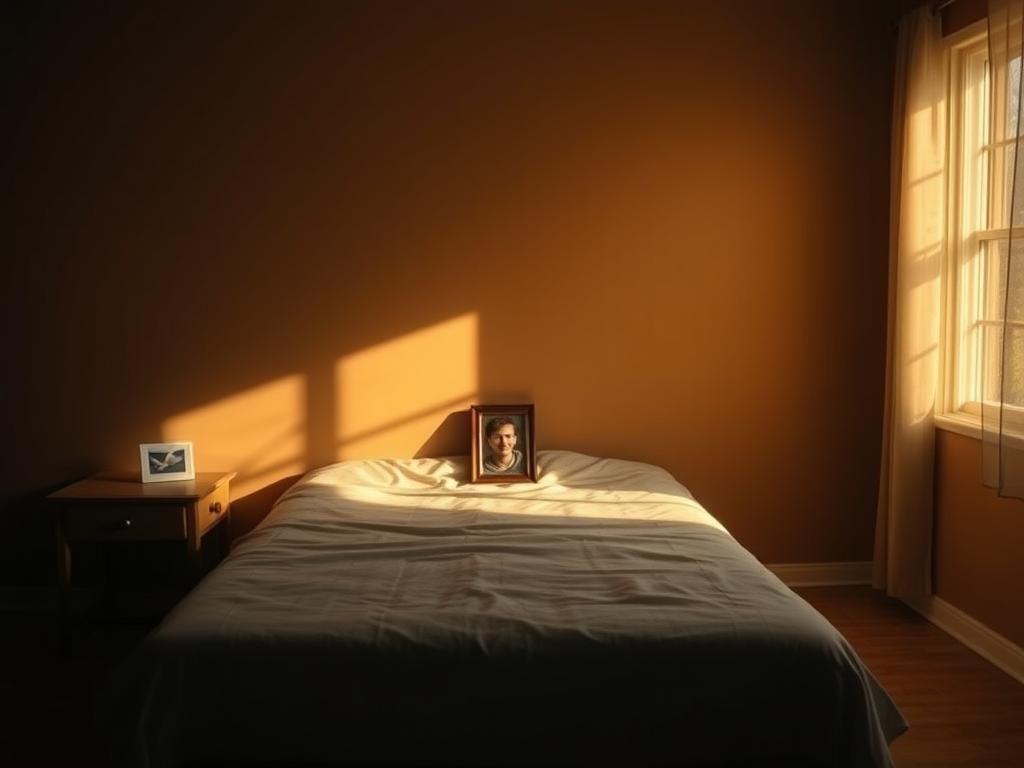 Flick International A dimly lit room with a single unmade bed and a framed photo of a smiling young adult