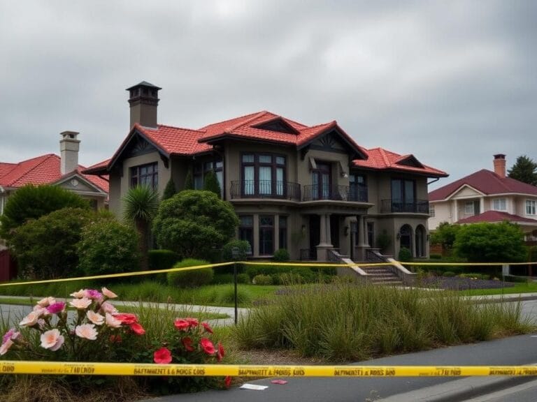 Flick International Exterior view of a luxurious Spanish-style home in San Francisco, surrounded by greenery and police tape.