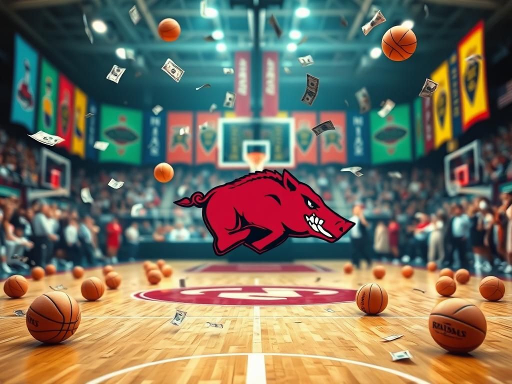 Flick International A dynamic scene of a college basketball court featuring the Arkansas Razorbacks logo amidst flying basketballs and money to represent NIL deals.
