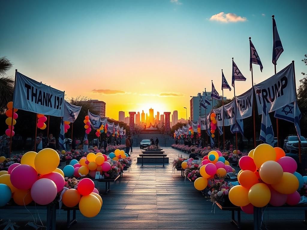 Flick International Vibrant scene in Hostages Square, Tel Aviv, filled with balloons and banners celebrating the Hamas hostage deal