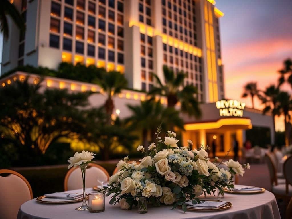 Flick International Exterior view of the Beverly Hilton illuminated at night