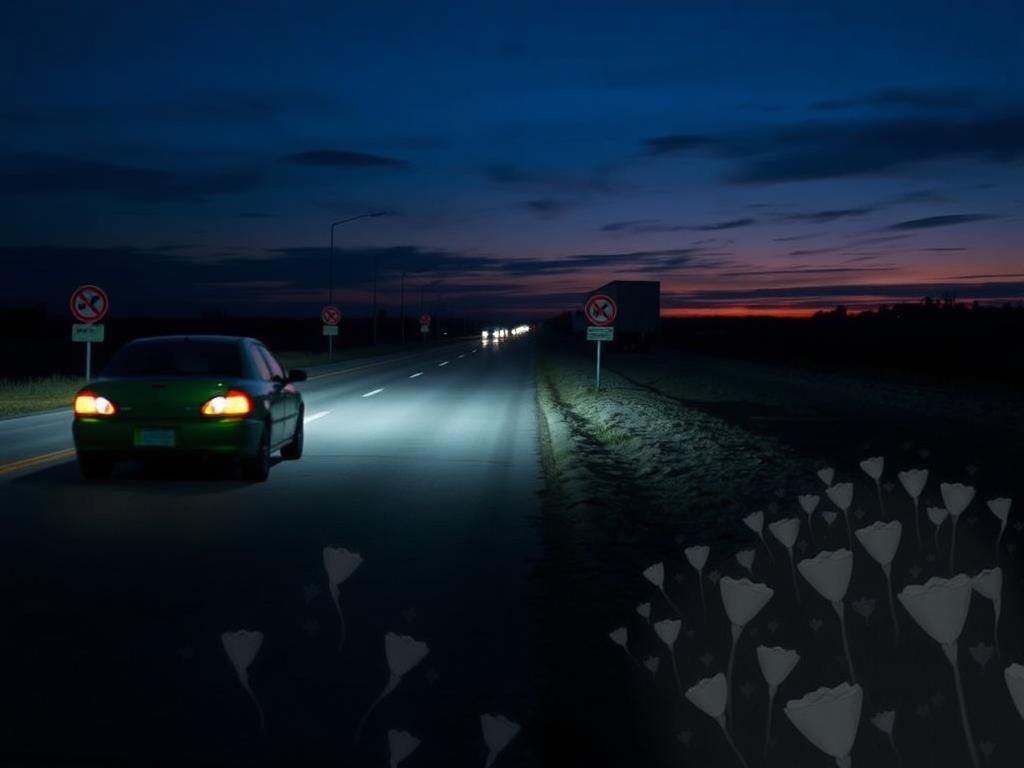 Flick International A deserted road at dusk with a blurred green car, symbolizing a tragic incident.