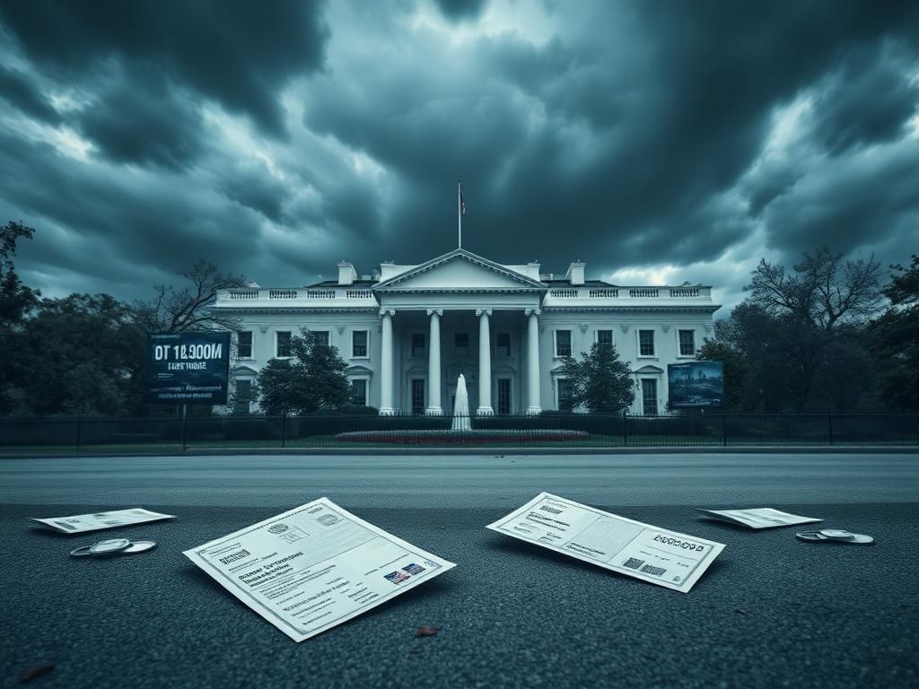 Flick International Exterior of the White House under dark storm clouds with abandoned federal worker paychecks on the ground