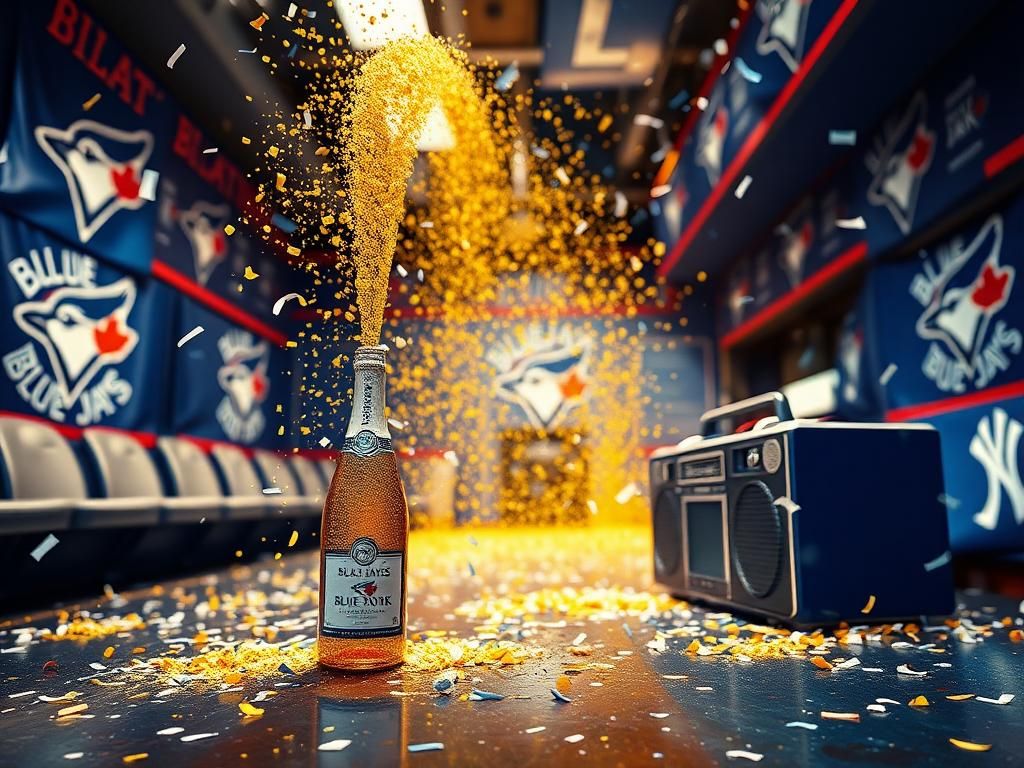 Flick International Blue Jays players celebrating with champagne in a vibrant clubhouse after winning the ALDS