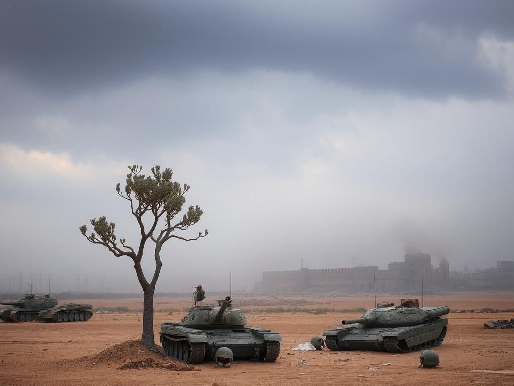 Flick International A desolate landscape of Gaza featuring a weathered olive tree and abandoned military equipment.