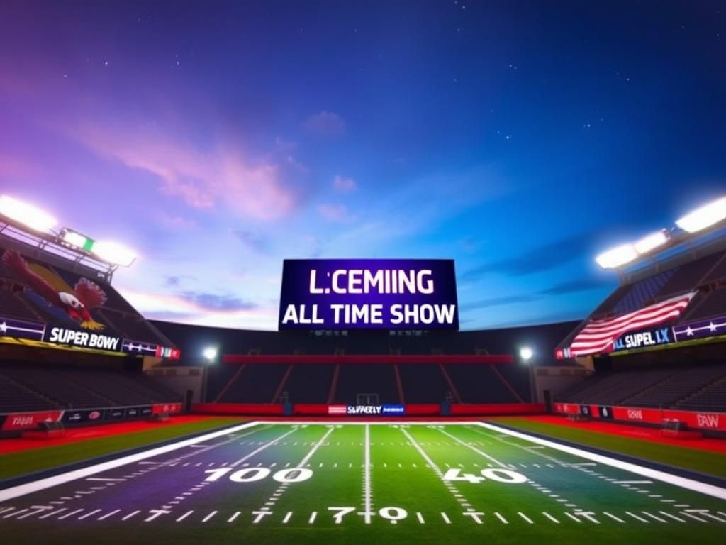 Flick International Empty football stadium at night with Super Bowl LX markings and colorful lights