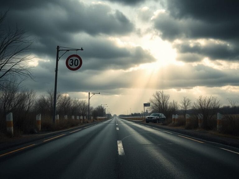 Flick International A deserted road with tire marks and a shattered traffic sign, depicting the aftermath of a tragic accident.