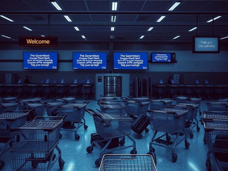 Flick International A bustling airport terminal scene depicting empty luggage carts symbolizing government dysfunction during a shutdown.