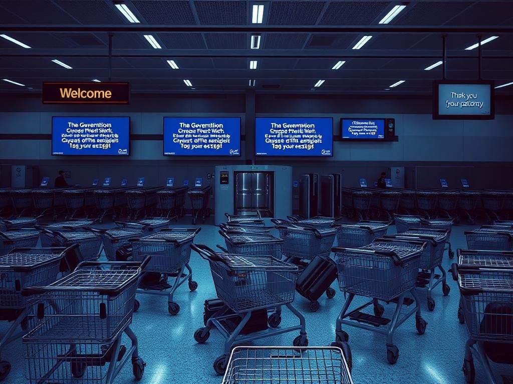 Flick International A bustling airport terminal scene depicting empty luggage carts symbolizing government dysfunction during a shutdown.
