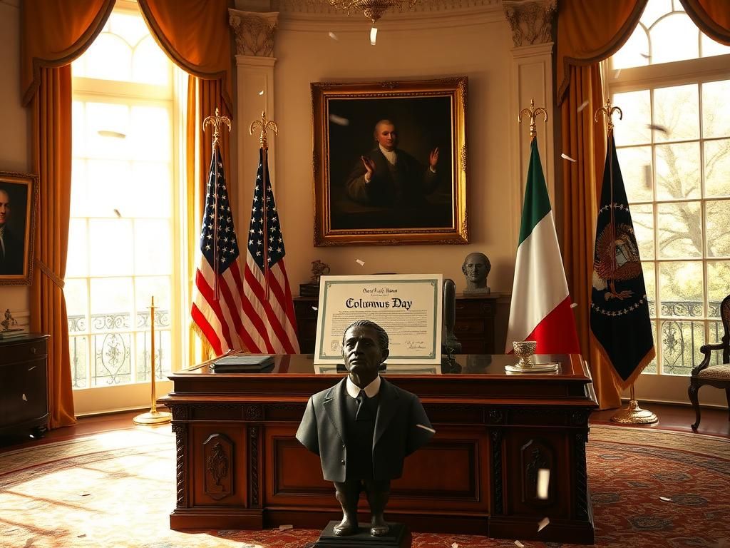 Flick International Ornate mahogany desk with Columbus Day proclamation and flags in the White House