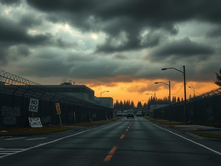 Flick International Somber urban landscape of Portland with a federal facility and protest remnants