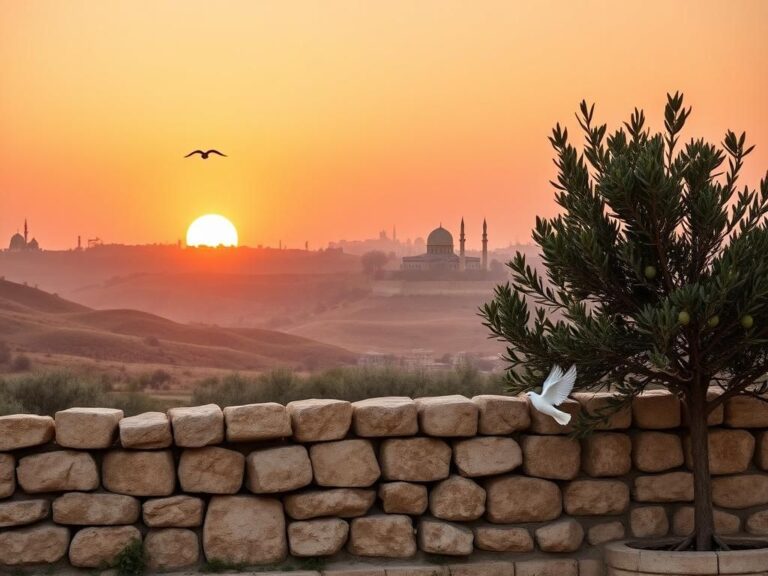 Flick International A panoramic view of a serene Middle Eastern landscape at sunrise with olive groves and doves symbolizing peace.