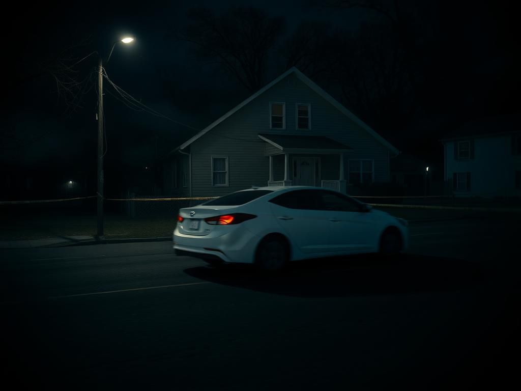 Flick International White Hyundai Elantra speeding away from crime scene at night