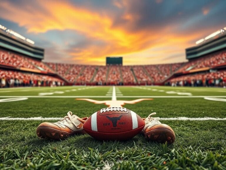Flick International A low angle view of a stylized football field featuring the Texas Longhorns logo, with worn cleats and a football symbolizing perseverance.