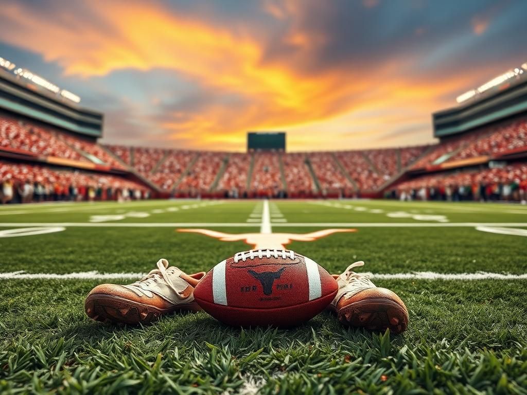 Flick International A low angle view of a stylized football field featuring the Texas Longhorns logo, with worn cleats and a football symbolizing perseverance.