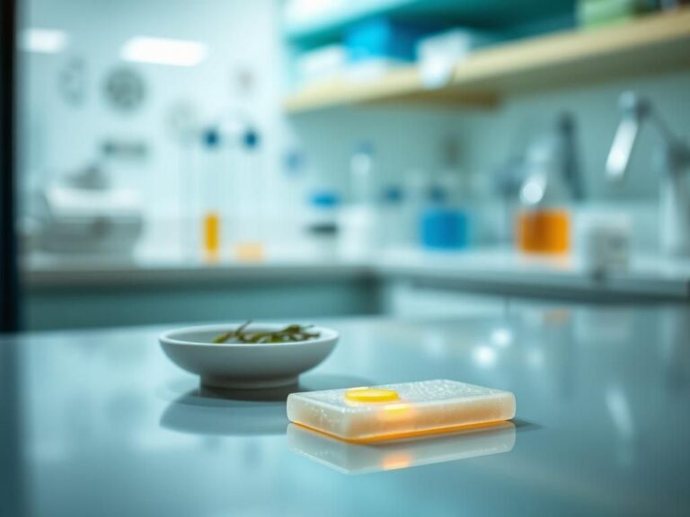 Flick International Close-up view of an edible flu sensor resembling gum, glowing on a kitchen counter
