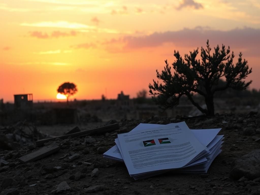 Flick International A somber landscape of Gaza showing the aftermath of conflict with destroyed buildings and a vibrant sunset.