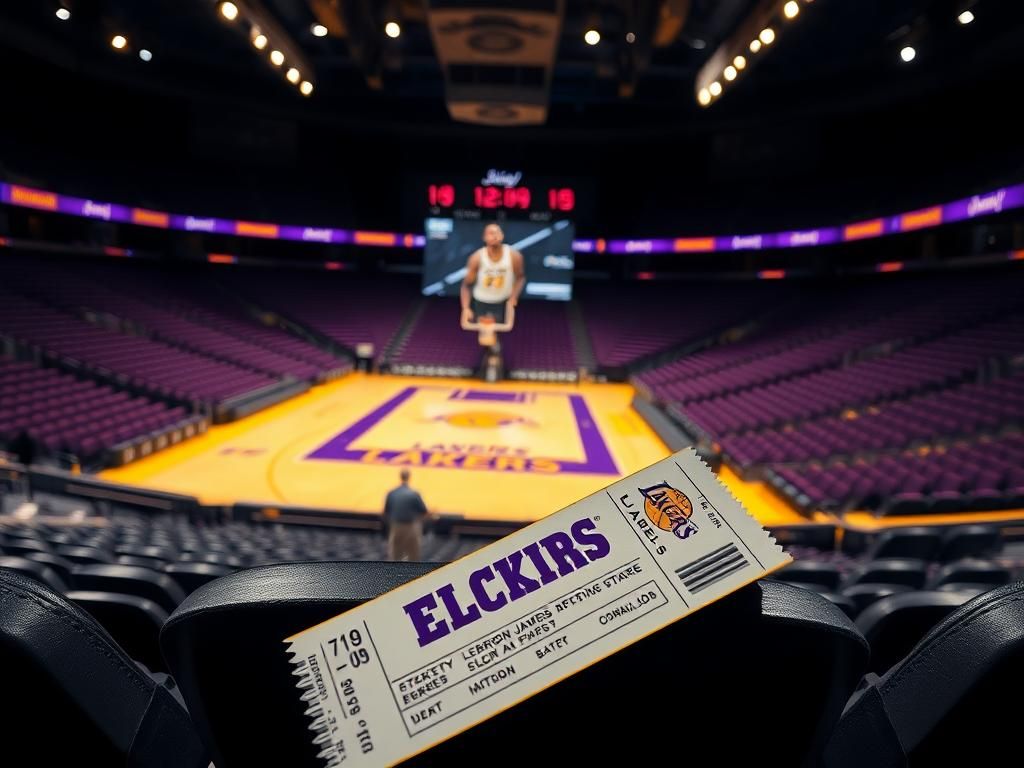 Flick International A dynamically lit Los Angeles Lakers basketball arena with empty seats and a pair of crumpled tickets on display