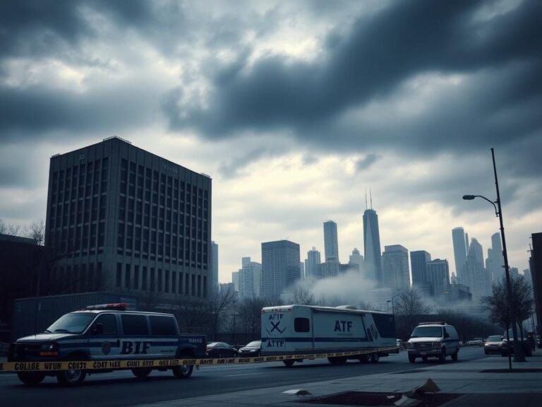 Flick International Dramatic urban scene of Chicago's FBI field office under a cloudy sky