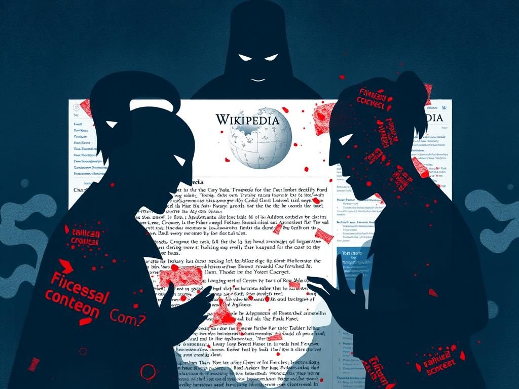 Flick International Intricate illustration of a Wikipedia page illustrating bias with ominous figures and faded conservative text