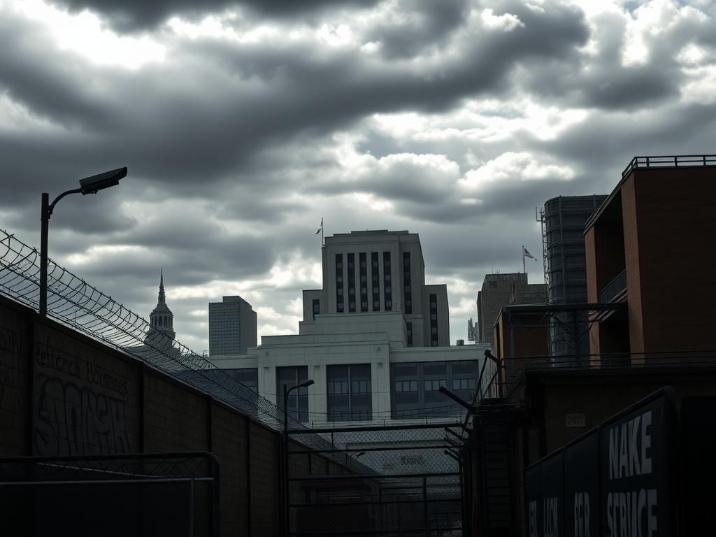 Flick International Stark urban landscape of a federal law enforcement facility in Chicago with graffiti and barbed wire